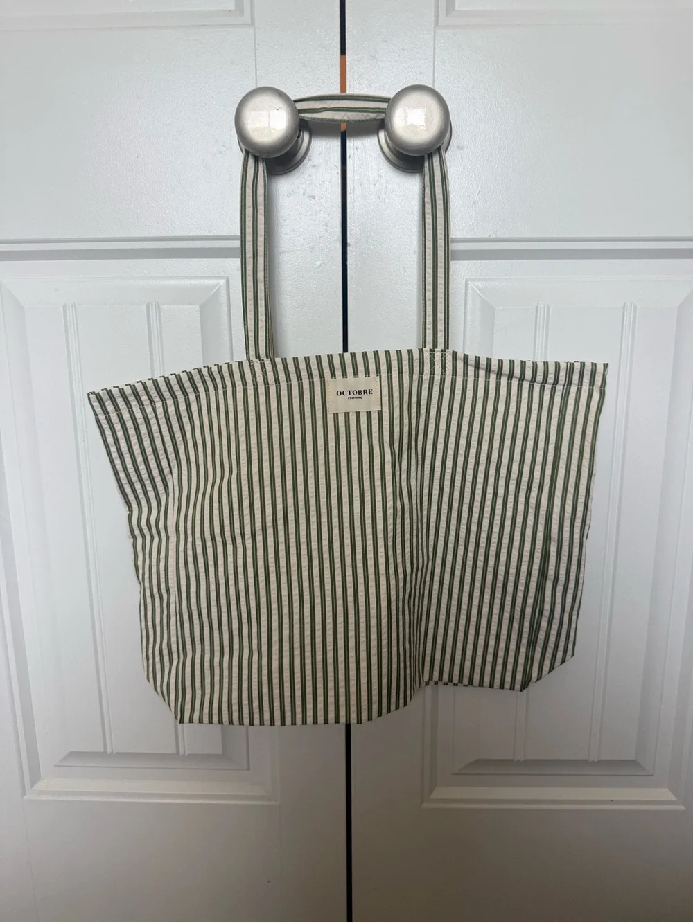 OCTOBRE Green & Cream Striped Canvas Tote Bag